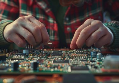 Professional electronics repair service centre in Al Barsha Dubai — Al Barsha Electronics LLC technician repairing PCB board